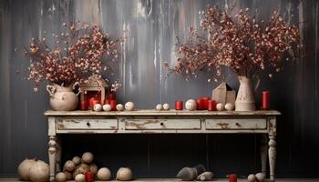 ai generiert hölzern Vase auf Tisch, dekoriert mit hausgemacht Keramik und Blumen generiert durch ai foto