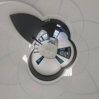abstrakt verdrehte in ein kugelförmig 360 Panorama Innere von ein modern Büro mit ein Halle Treppe und Panorama- Fenster foto