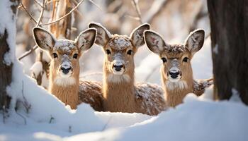 ai generiert süß Hirsch Familie im schneebedeckt Wald, suchen beim Kamera generiert durch ai foto