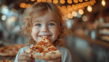 ai generiert Porträt von Kind erfreulich im Pizzeria Pizza foto