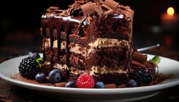 ai generiert ein frisch Scheibe von hausgemacht Schokolade Kuchen auf ein Teller generiert durch ai foto