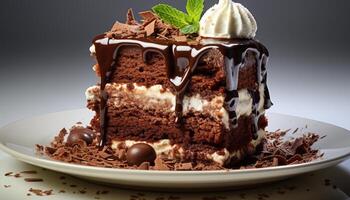 ai generiert ein dekadent Scheibe von hausgemacht Schokolade Kuchen mit ausgepeitscht Sahne generiert durch ai foto