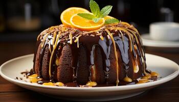 ai generiert frisch gebacken Schokolade Kuchen mit Obst und hausgemacht Glasur generiert durch ai foto