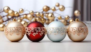 ai generiert glänzend Gold Weihnachten Ornamente schmücken das beschwingt Blau Hintergrund generiert durch ai foto