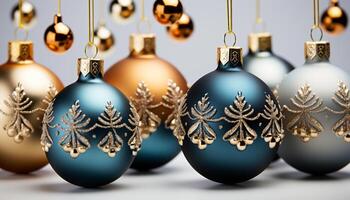 ai generiert Winter Feier Gold Ornament, Schneeflocke Muster, glänzend Blau Kugel generiert durch ai foto