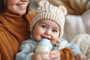 ai generiert Fütterung ein Baby von ein Flasche mit Milch foto