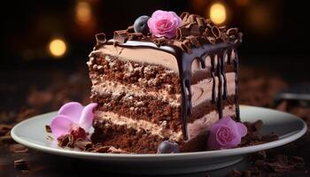ai generiert hausgemacht Schokolade Kuchen Scheibe auf Platte, bereit zu Essen Genuss generiert durch ai foto