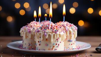 ai generiert Geburtstag Kuchen mit Kerzen, Schokolade Glasur, und bunt Dekorationen generiert durch ai foto