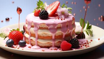 ai generiert hausgemacht Geburtstag Kuchen mit frisch Beeren, ausgepeitscht Creme, und Schokolade generiert durch ai foto