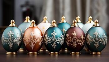 ai generiert Winter Feier Gold Ornament, Schneeflocke Muster, hell Farben, elegant Dekor generiert durch ai foto