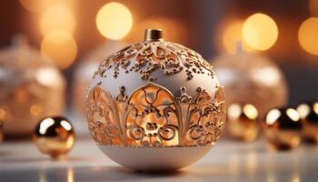 ai generiert glänzend Gold Ornament leuchtet Weihnachten Feier mit elegant Dekorationen generiert durch ai foto