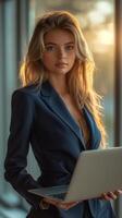 ai generiert jung Frau im Blau passen mit Laptop im Büro foto