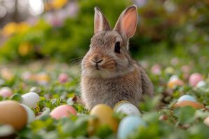 ai generiert Hase im ein Feld gefüllt mit farbig wenig Ostern Eier foto