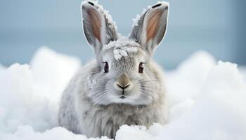 ai generiert süß flauschige Hase Sitzung im das Schnee, suchen beim Kamera generiert durch ai foto
