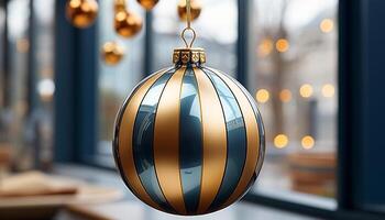 ai generiert glänzend Gold Ornament dekoriert Fenster, leuchten Winter Feier drinnen generiert durch ai foto