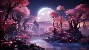 ai generiert gespenstisch Mondlicht leuchtet mysteriös Wald im ein Fantasie Illustration generiert durch ai foto