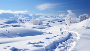 ai generiert Winter Landschaft Berge, Bäume, und Ski Pisten bedeckt im Schnee generiert durch ai foto