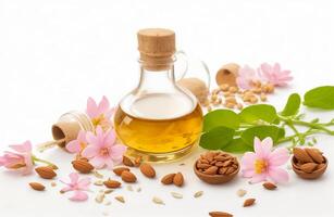 ai generiert Kräuter- Mandel Öl, Blumen und Nüsse auf Weiß Hintergrund foto