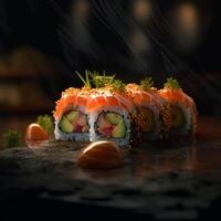 ai generiert Sushi Rollen mit Lachs Rogen Garnierung auf dunkel Hintergrund foto