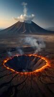 ai generiert vulkanisch Wunder Rauchen Krater gegen unfruchtbar Landschaft foto