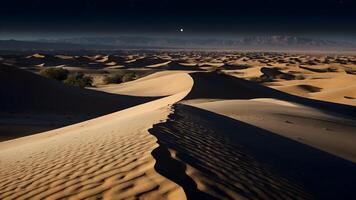 ai generiert Mondschein Magie Mond- glühen Gießen Schatten über Wüste Sand foto