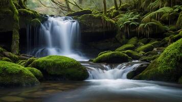 ai generiert wunderlich Wasserfälle Kaskadierung Streams unter moosig Felsen foto