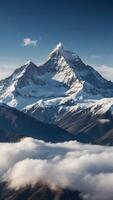 ai generiert ein Berg Angebot mit Schnee gekappt Spitzen und Wolken foto