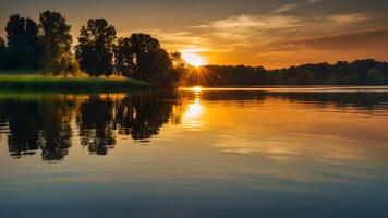 ai generiert Sonnenuntergang Gelassenheit golden Stunde Reflexionen auf Ruhe See Wasser foto