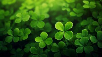 ai generiert Glücklich Kleeblatt Blätter zum st. Patrick's Tag. Banner mit irisch Kleeblatt Blätter foto