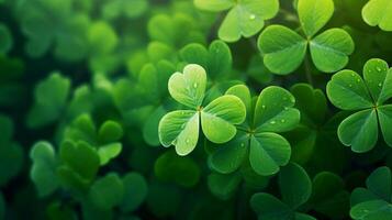 ai generiert Glücklich Kleeblatt Blätter zum st. Patrick's Tag. Banner mit irisch Kleeblatt Blätter foto