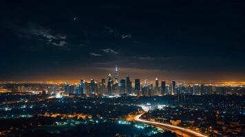 ai generiert städtisch Skylines Stadt Beleuchtung funkelnd gegen Nacht Himmel foto