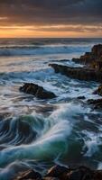 ai generiert Küsten Majestät Wellen abstürzen gegen felsig Küste beim Dämmerung foto