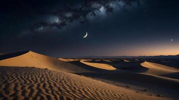 ai generiert Mondschein Magie Mond- glühen Gießen Schatten über Wüste Sand foto