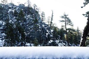 Cliff von Felsen mit verstreut Bäume und Schnee foto