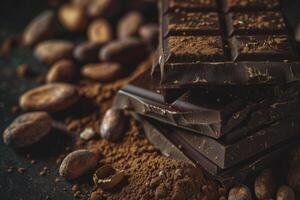 ai generiert Schokolade mit Kakao Bohnen. generativ ai foto