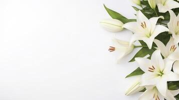 ai generiert Blumen Weiß Pastell- Lilien Komposition auf ein Weiß Hintergrund Kopieren Raum Vorlage foto