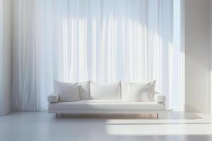 ai generiert elegant Weiß Sofa gegen fließend Vorhänge im ein hell minimalistisch Innere. minimalistisch Weiß Sofa und Vorhänge foto