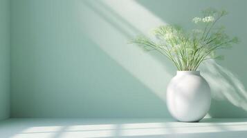 ai generiert Pflanze im ein Weiß Topf mit Sonnenlicht Schatten von Fenster auf ein Grün Hintergrund, minimal Zimmer zum Text, Kopieren Raum. foto