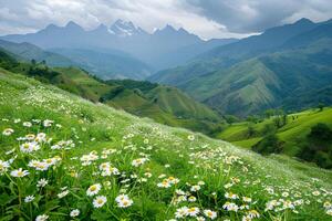 ai generiert das heiter Schönheit von Grün Hügel im Hochland dekoriert mit Weiß Gänseblümchen foto