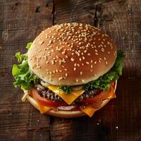ai generiert lecker Cheeseburger mit dick saftig Pastetchen und frisch Zutaten foto