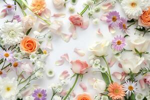 ai generiert beschwingt Bündel von sortiert Blumen auf makellos Sanft Hintergrund foto