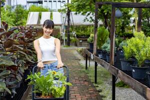 Der junge asiatische Kunde wählt eine exotische Pflanze aus der Gärtnerei des örtlichen Gartencenters mit einem Einkaufswagen voller Sommerpflanzen für die Gartenarbeit am Wochenende und die Verfolgung im Freien foto