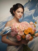 ai generiert Porträt von Frau mit Strauß von Blume foto