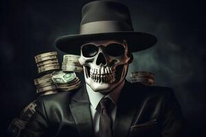ai generiert Skelett Gangster im schwarz passen und Hut auf Hintergrund von Geld. generativ ai foto