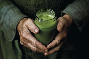 ai generiert Grün Smoothie im Krug ist gehaltenen im Hände von Alten Frau oder Mann Nahansicht. generativ ai foto