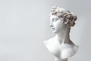 ai generiert uralt griechisch Skulptur von Frau mit Kranz auf ihr Kopf auf grau Hintergrund mit Kopieren Raum. schön weiblich Statue zum modern Kunst im y2k Stil foto