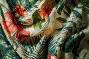 ai generiert das Stoff ist gelegt aus mit Falten mit Blumen- tropisch Muster mit Blumen. Sommer- hell Hintergrund foto