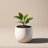 ai generiert ein klein Pflanze im ein Weiß Topf auf ein Beige Hintergrund foto