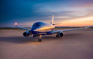 ai generiert Flugzeug ausziehen, starten, abheben, losfahren beim das Flughafen beim Sonnenuntergang mit Passagiere und Touristen gehen auf Ferien foto