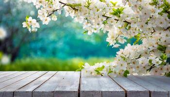 ai generiert Frühling Natur Hintergrund mit blühen Blumen und rustikal hölzern Tabelle foto